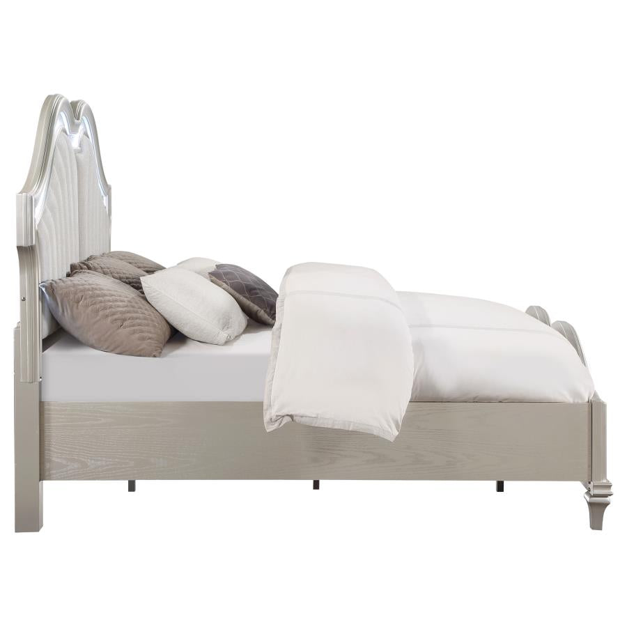 Evangeline Tufted Upholstered Platform Eastern King Bed Ivory and Silver Oak