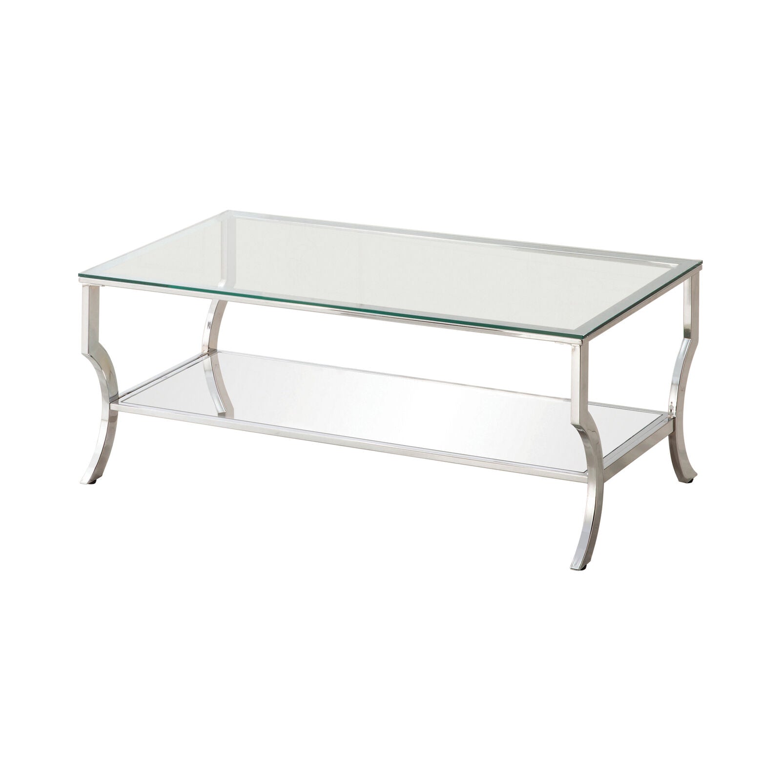 3 PC Modern Glam Occasional Coffee Table Set With Mirrored Shelf In Chrome