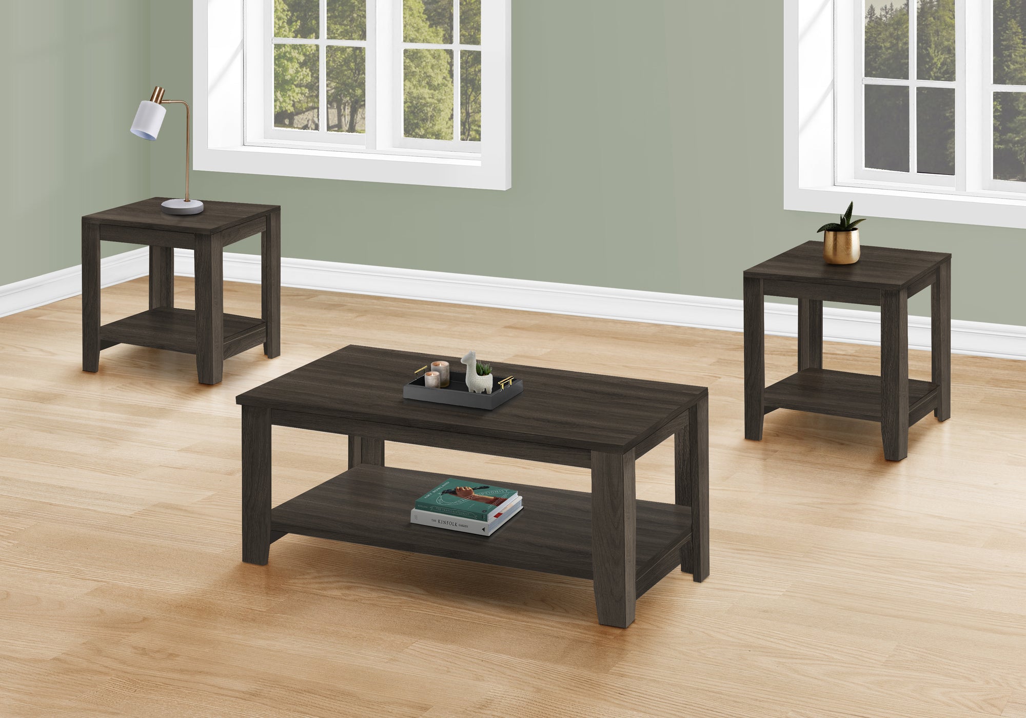 3 Pc Transitional Occasioal Coffee And End Table With Shelf set In Dark Oak