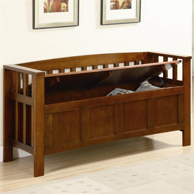 Mission Style Wood Storage Bench in Warm Golden Brown Finish with Flip Top