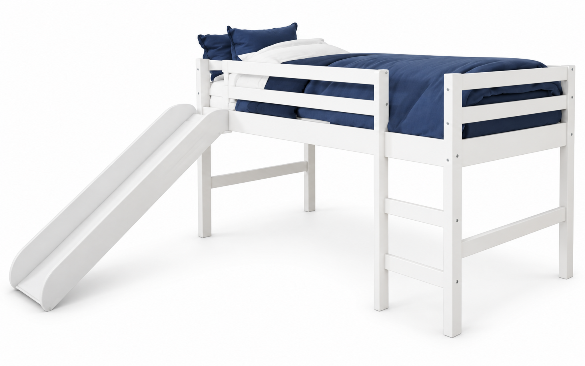 White Twin Junior Solid Pine Wood Loft Bed with Slide
