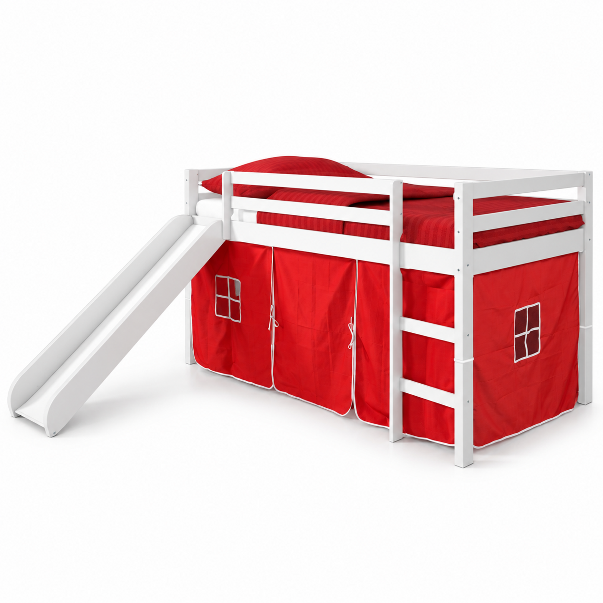 White Twin Junior Solid Pine Wood Loft Bed with Slide And Red Tent