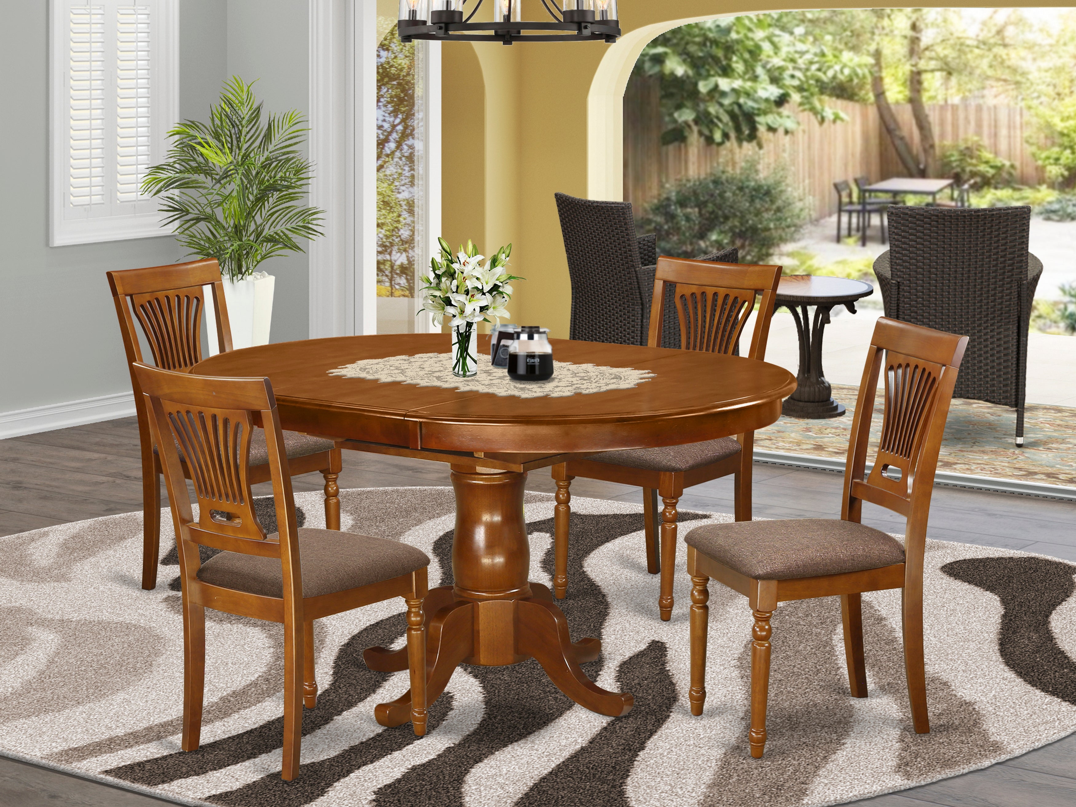 5 Pc Portland Dining Room Oval Table With Leaf and 4 Chairs in Saddle Brown