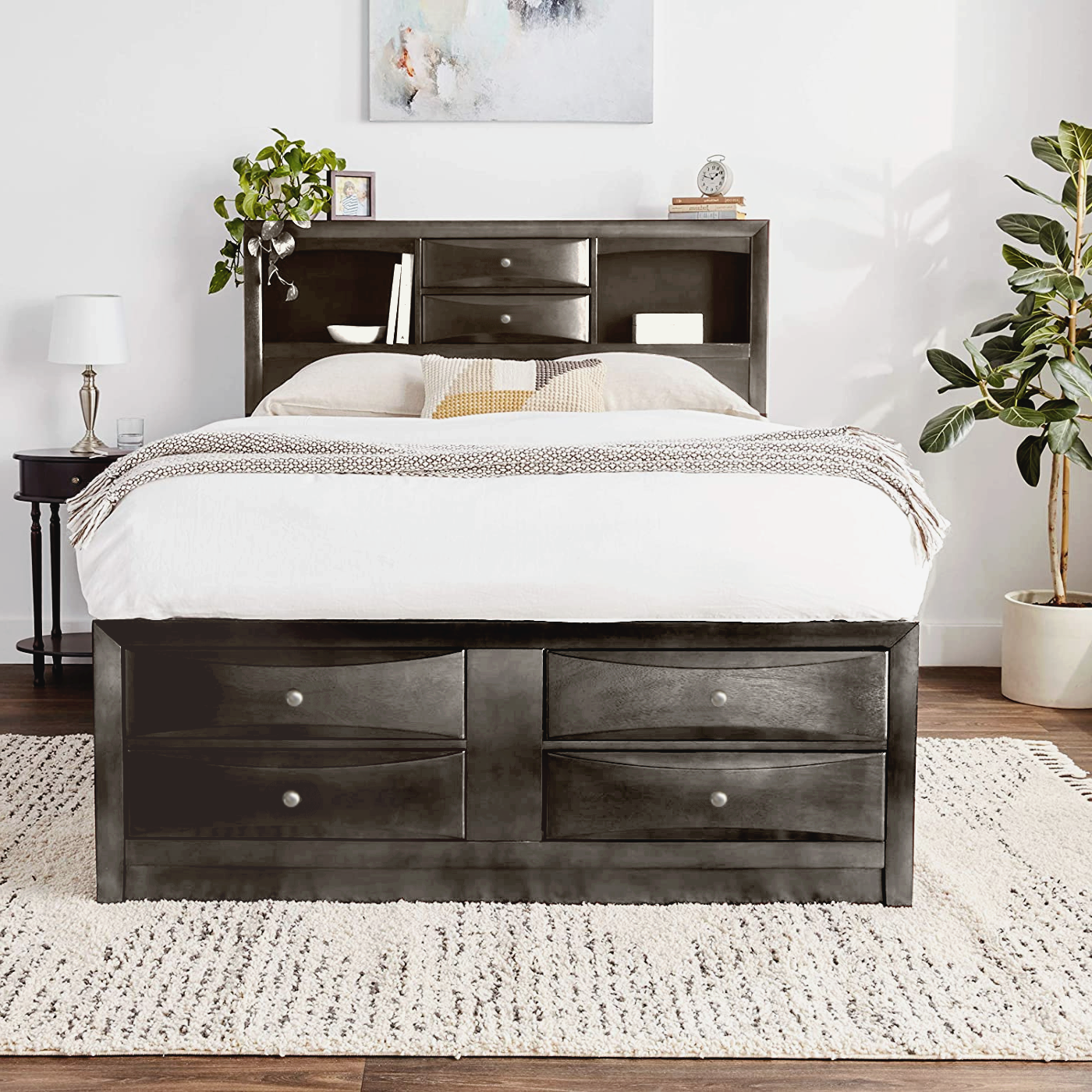 Emilia Transitional Queen Bookcase Bed with 8 Storage Drawers In Grey