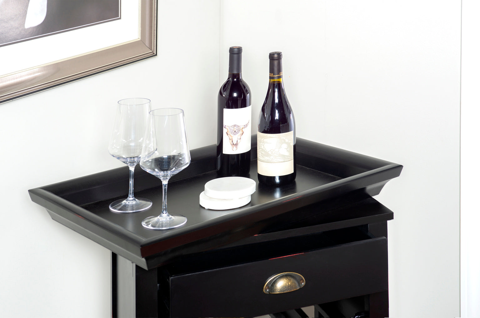 Powell Black with Merlot Rub Through Wine Cabinet With Removable Tray