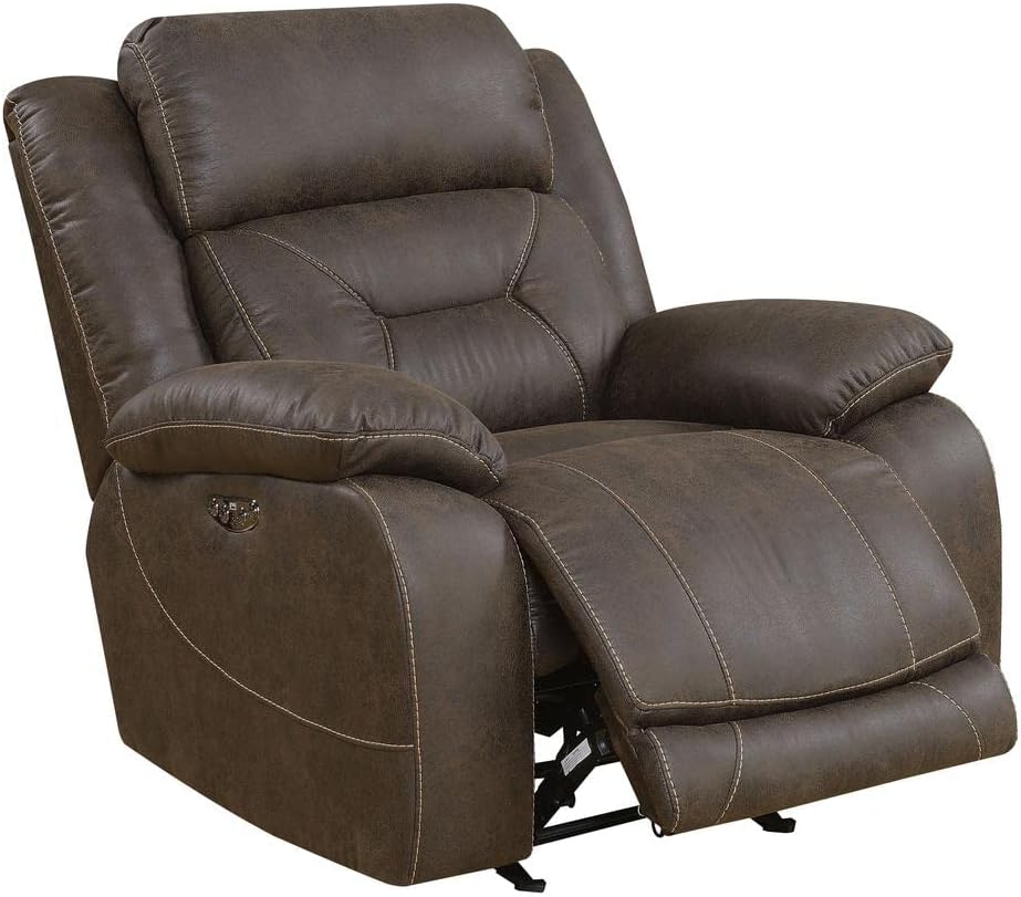 Aria Dual-Power Recliner with Memory Gel Foam, Power Features, and USB Port in Saddle Brown