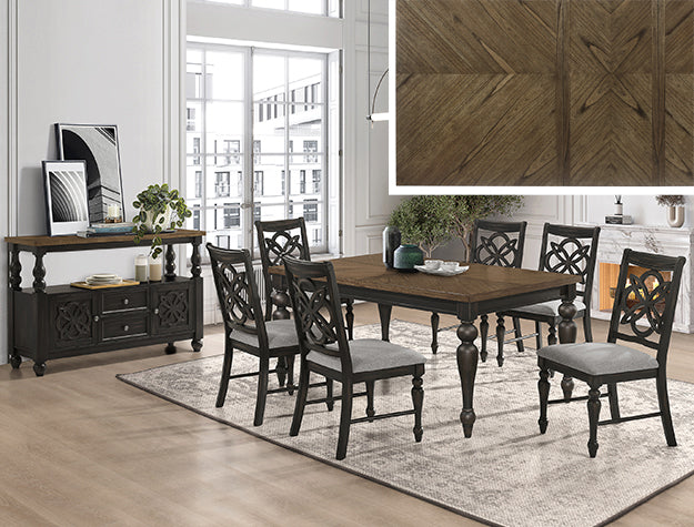 7 PC Hilara Rustic 2 Tone Dining Room Table And Chairs Set in Nutmeg / Charcoal