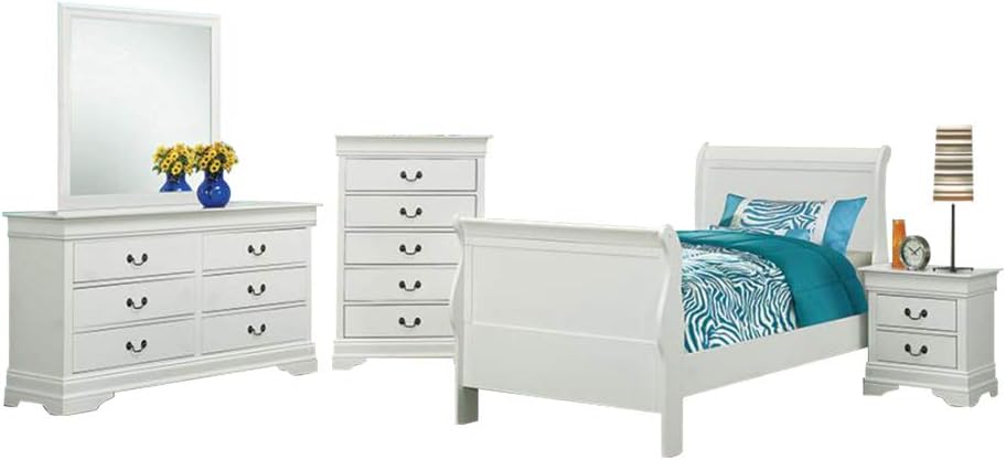Louis Philippe 5-Piece Wood Twin Sleigh Bedroom Set in White