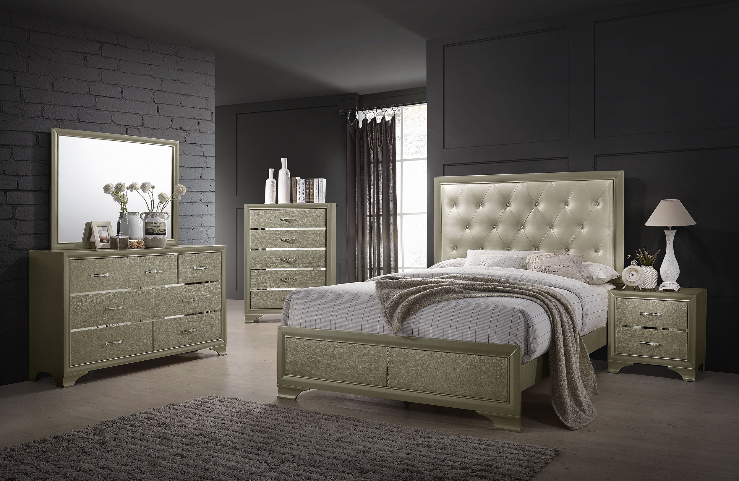 Beaumont Upholstered Eastern King Bed Champagne