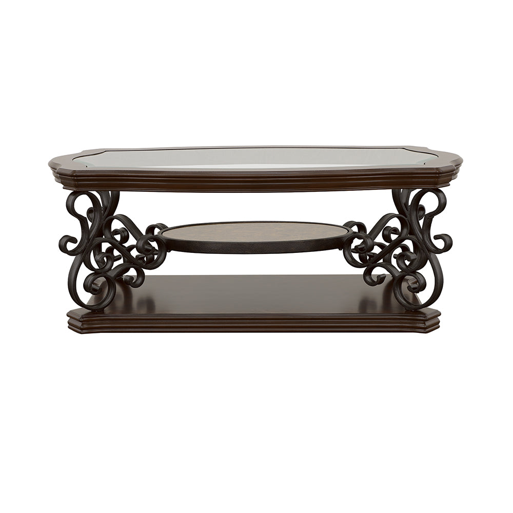 Traditional Coffee Table With Ornate Metal Base and Glass Top in Deep Merlot