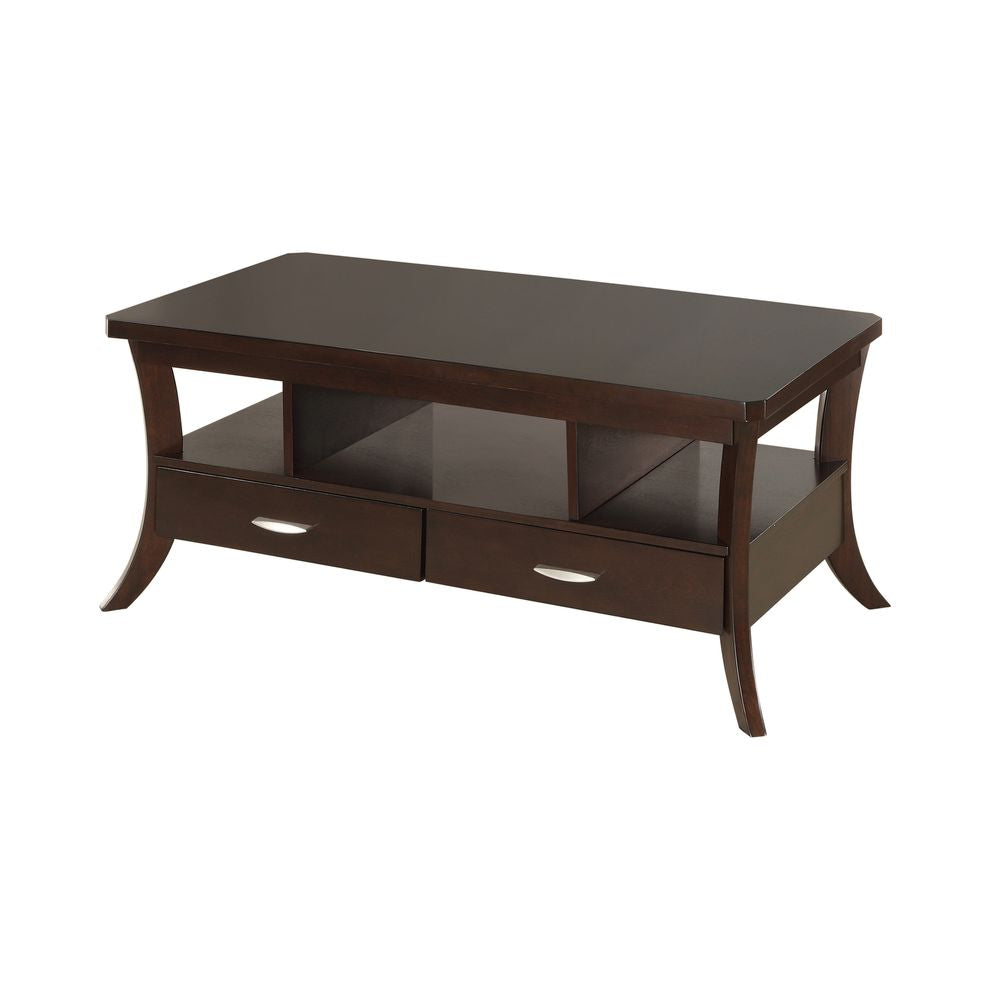 Transitional Espresso Coffee Table with Flared Legs and 2 Drawers