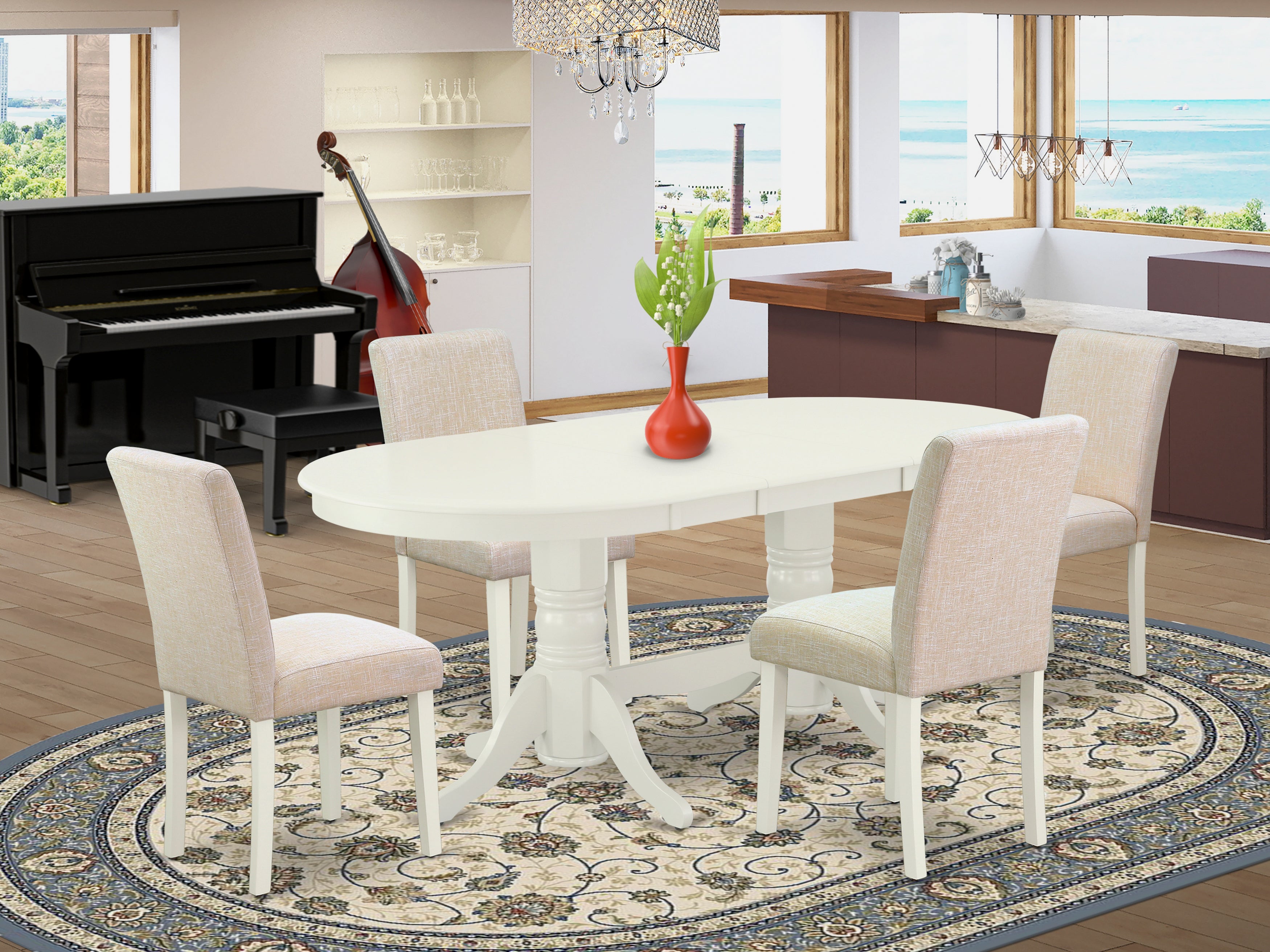 5 Pc Dining Room Oval Butterfly Table and Chairs Set in White and Beige