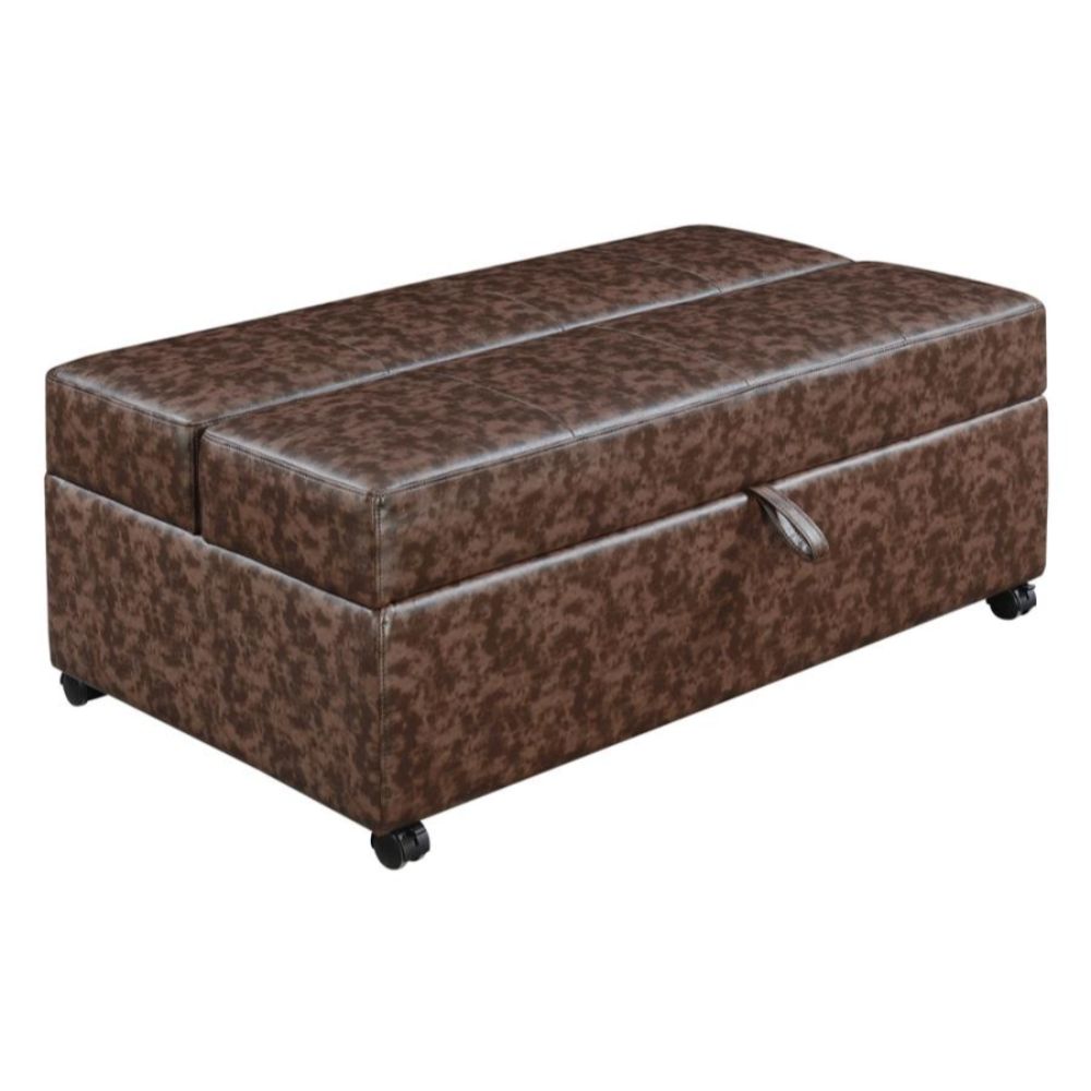 Rectangular Brown Upholstered Ottoman W/ Foldout Sleeper and Casters