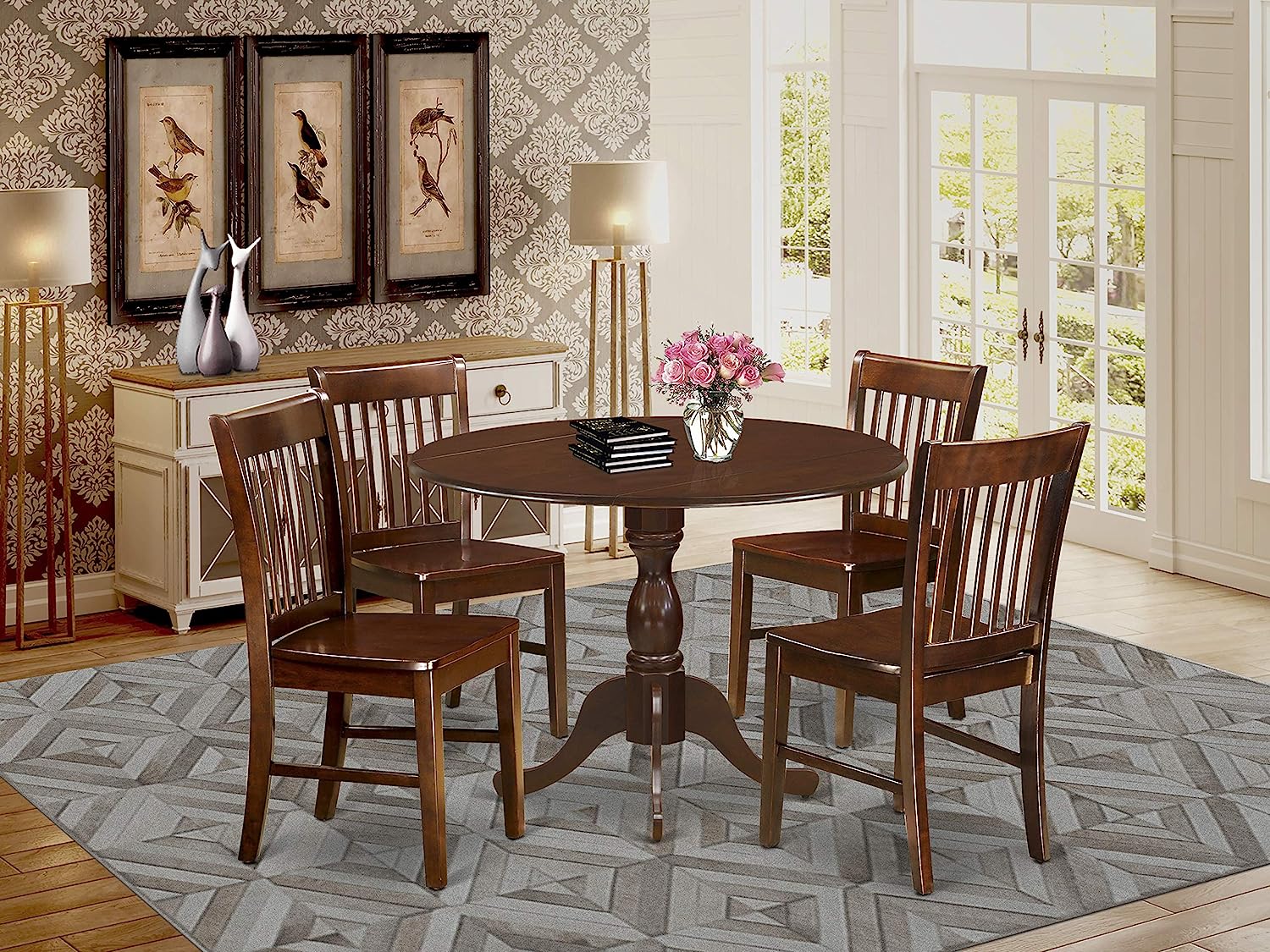 5 Pc Dining Room Furniture Set Round Kitchen Table with Dropleaf and 4 Dining Chairs Mahogany