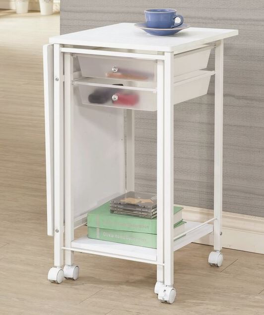 Portable White Finish Working Desk WorkStation with Tray Shelves and Casters