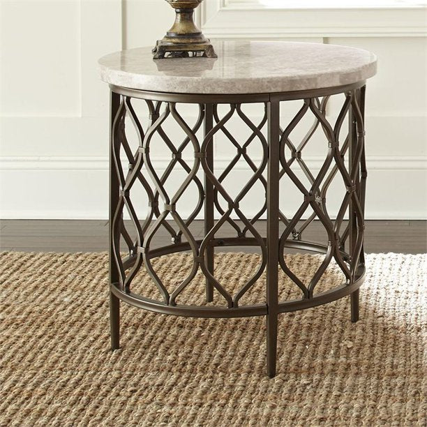 Steve Silver Roland Round White Stone Top with Bronze Metal Base End Table