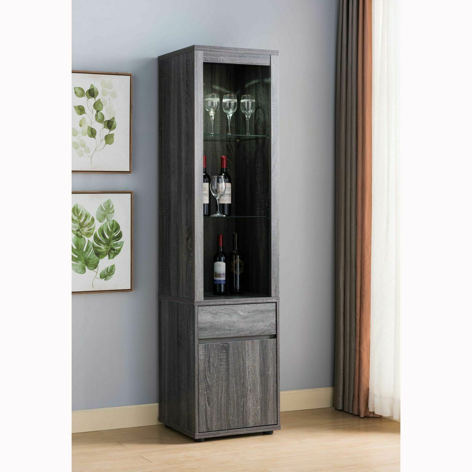 Lighted Curio Display Cabinet with Storage In Distressed Grey