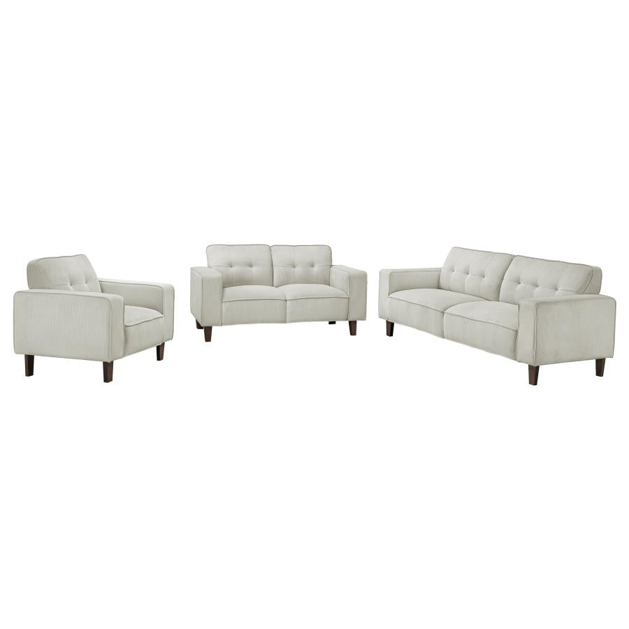 Deerhurst 3 PC Upholstered Track Arm Sofa Love Seat Chair Set in Greige