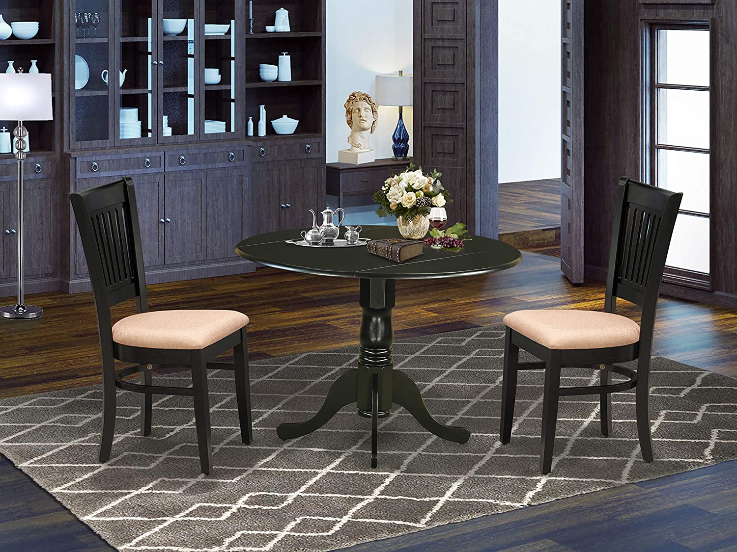 DLVA3-BLK-C Black Round Dining 42" Dropleaf Table & 2 Linen Fabric Upholstered Chairs