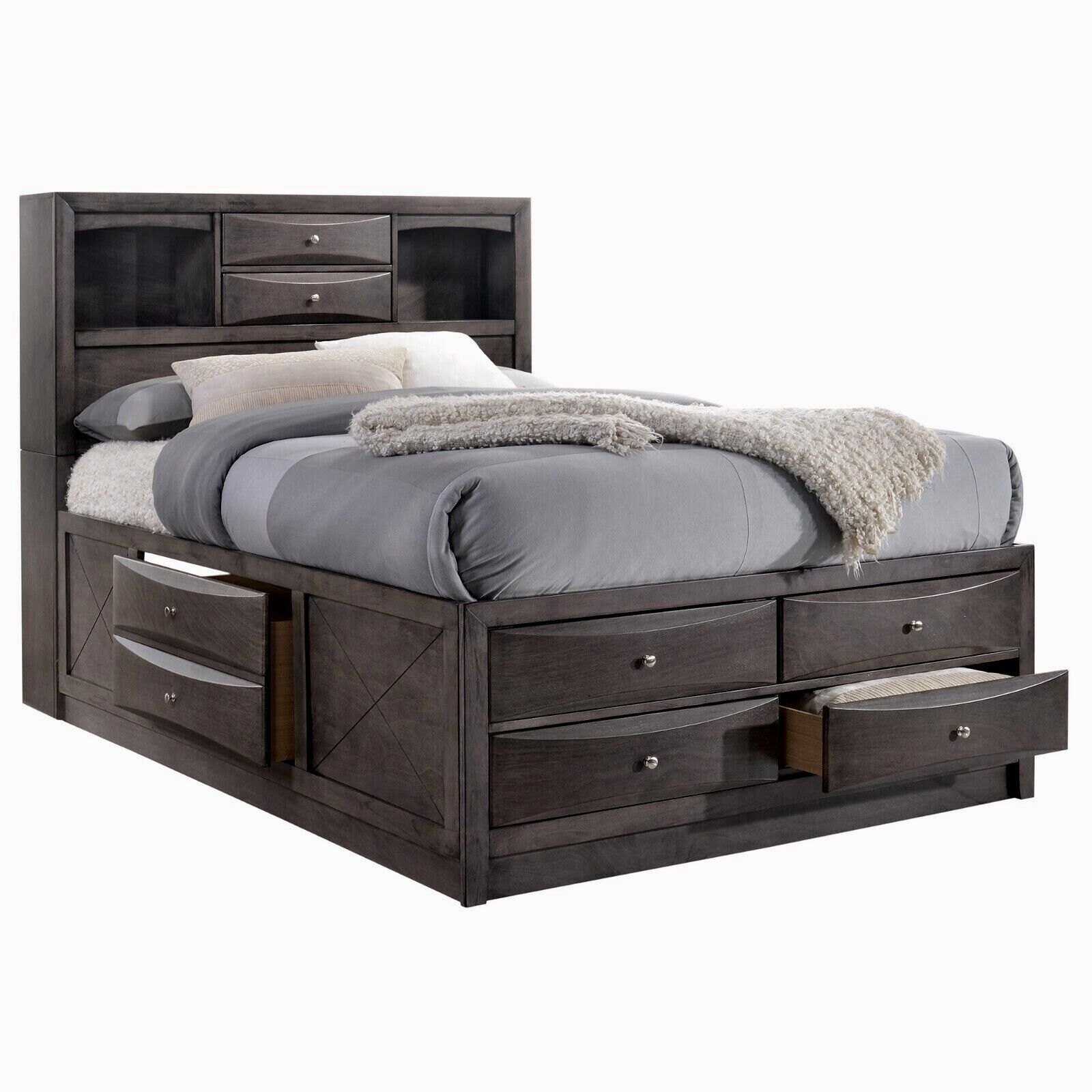 Emilia Transitional Queen Bookcase Bed with 8 Storage Drawers In Grey