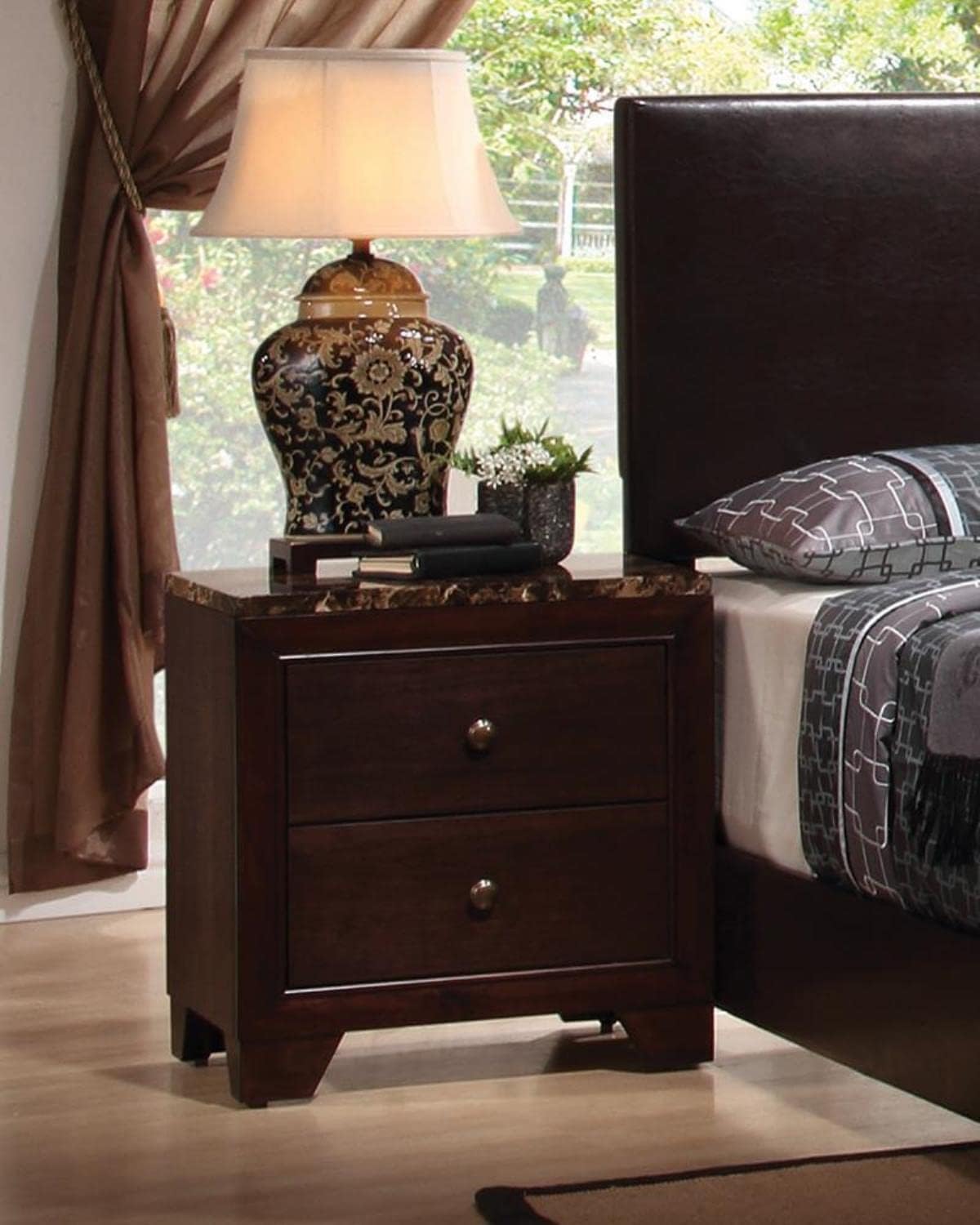 2 Drawer Nightstand with Faux Marble Top in Cappuccino Finish