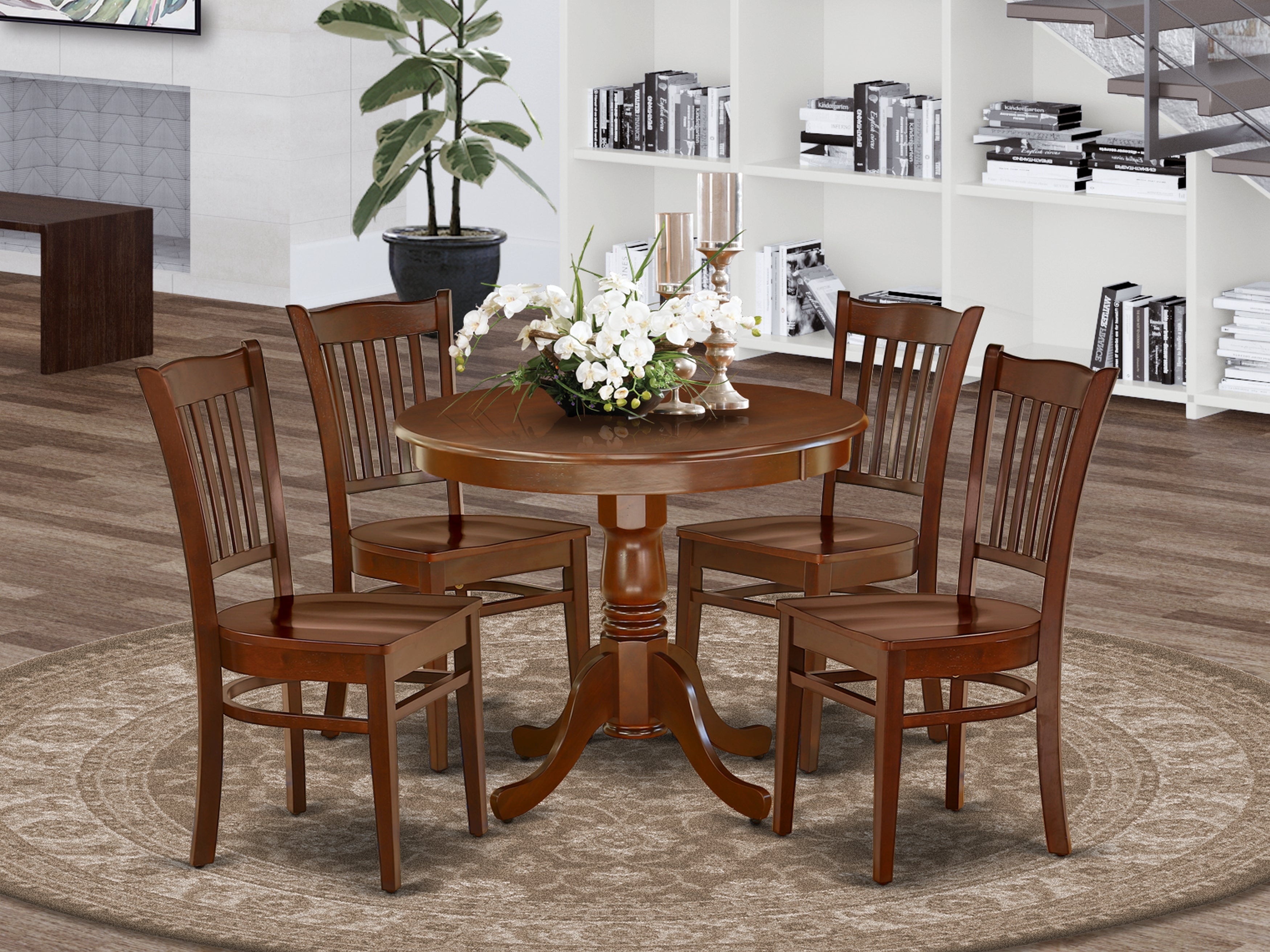 ANGR5-MAH-W 5Pc Rounded 36 Inch Kitchen Table And 4 Wood Seat Dining Chairs