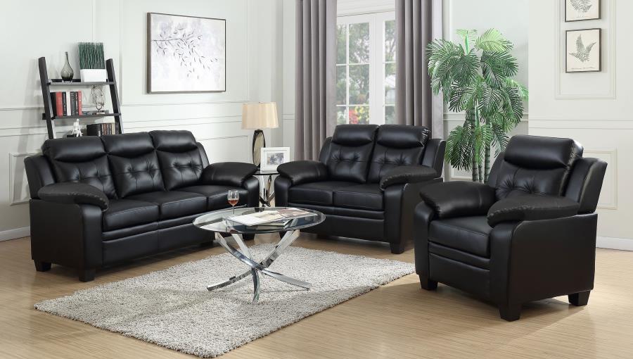 Finley 3 PC Living Room Leatherette Pillow Top Arm Sofa Love Seat Set in Black