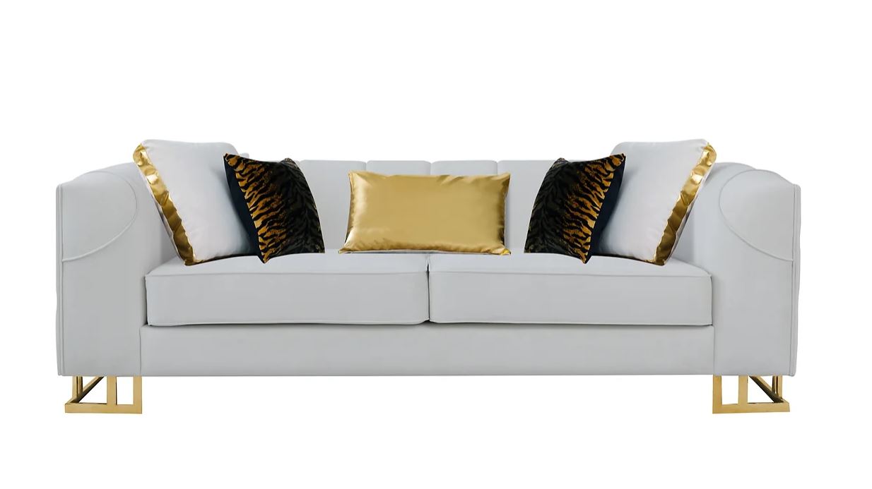 Elijah 2 Pc Modern Velvet Living room Sofa and Love Seat in off White And Gold