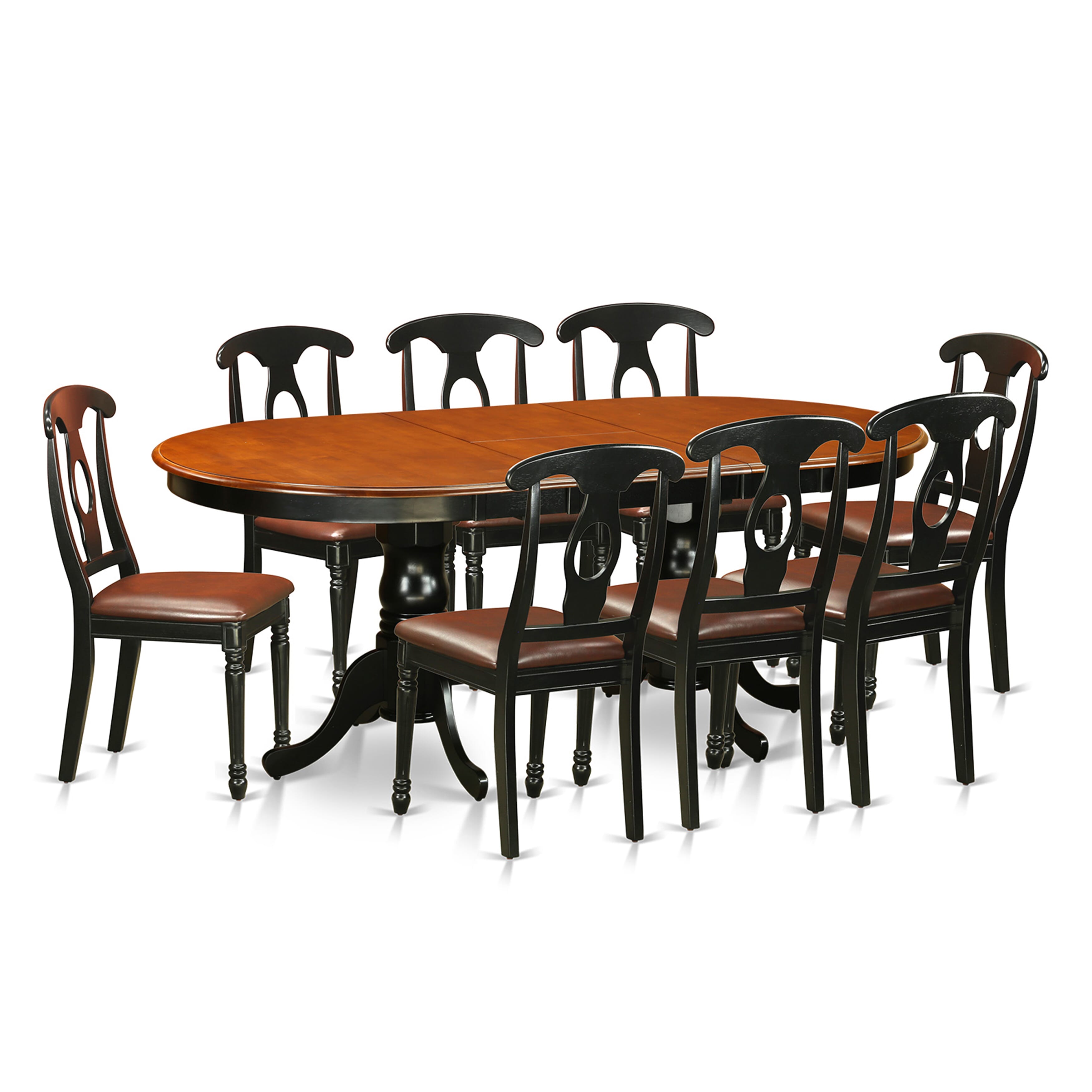 9 Pc Oval Dining room Table with Leaf and Leatherette Seat Chairs in Black / Cherry
