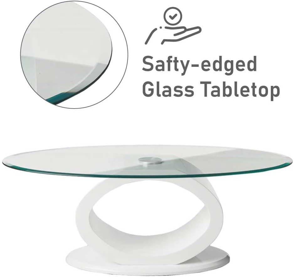 Contemporary O shaped Oval Glass Top Coffee Table In White