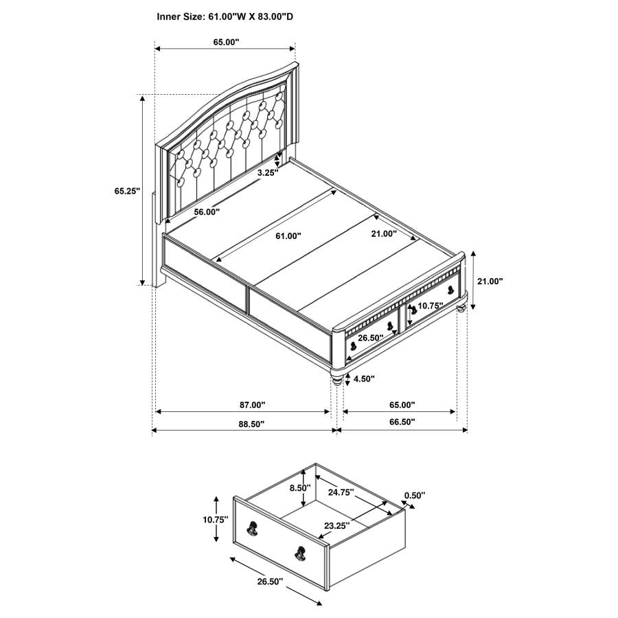 Upholstered Bling Game  Queen Bed With Storage In Metallic Platinum