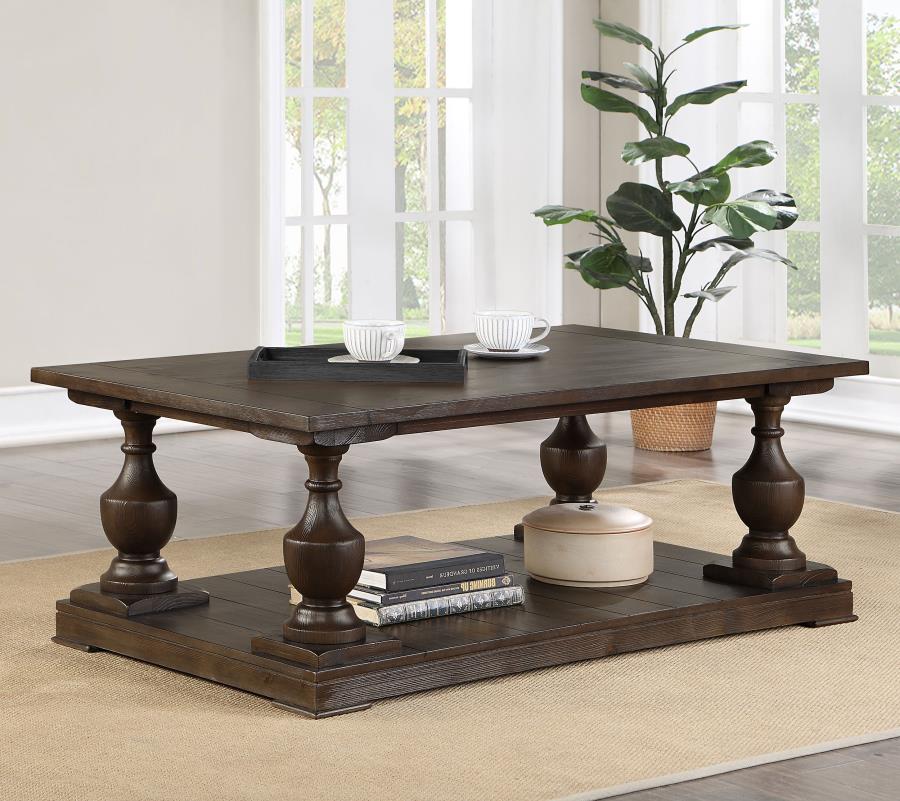 Walden Rectangular Coffee Table with Turned Legs and Floor Shelf in Coffee Finish