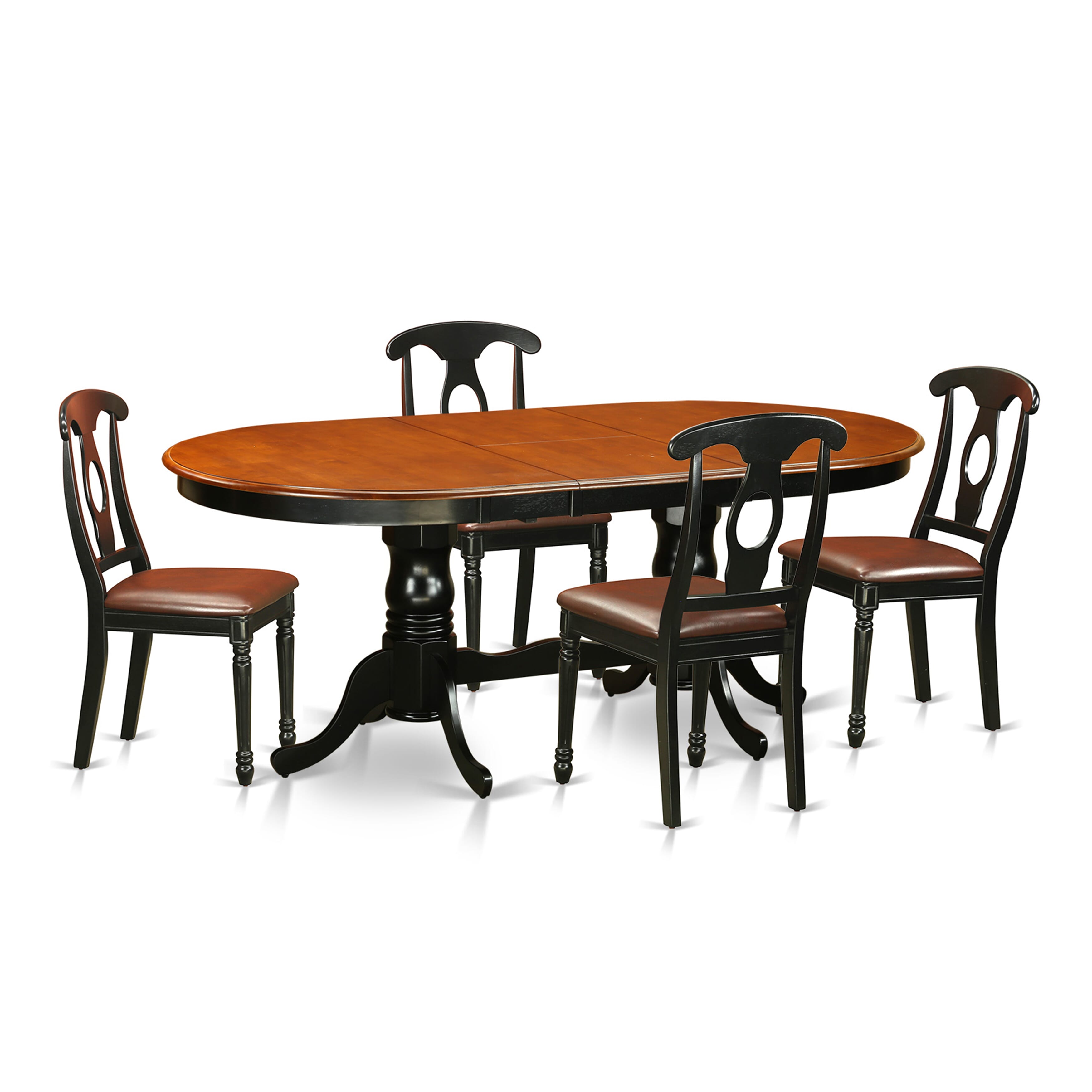 5 Pc Oval Dining room Table with Leaf and Leatherette Seat Chairs in Black / Cherry