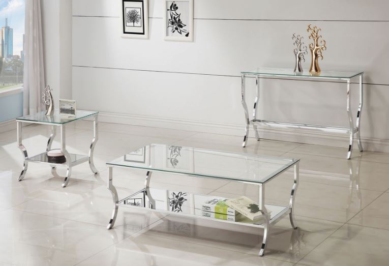 3 PC Modern Glam Occasional Coffee Table Set With Mirrored Shelf In Chrome