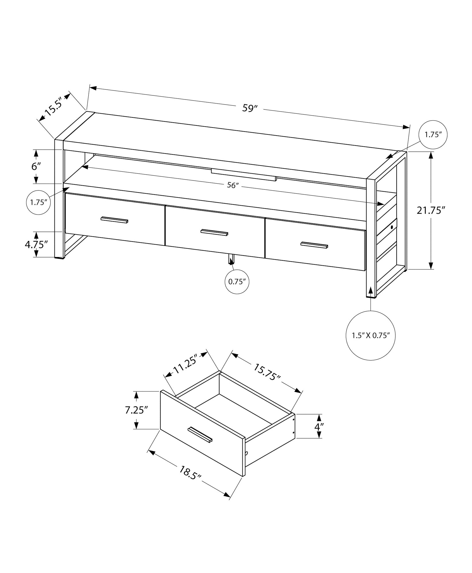 60" L Rustic Black Reclaimed look Tv Media Stand With 3 Drawers