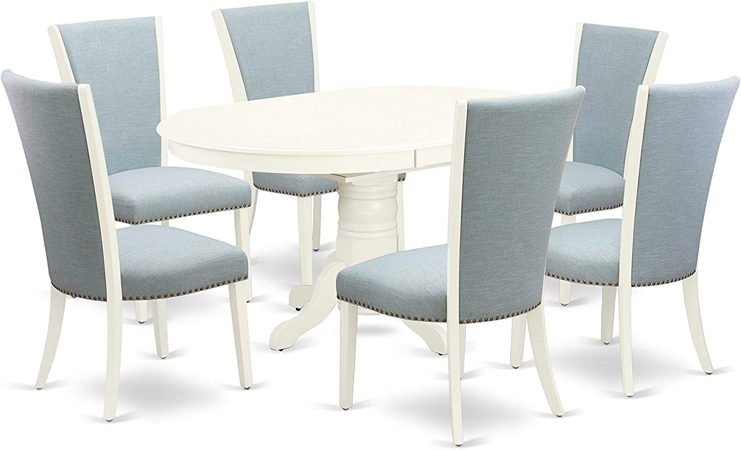 7 PC Avon Linen White Oval Dinette Dining set with Baby blue Upholstered Chairs