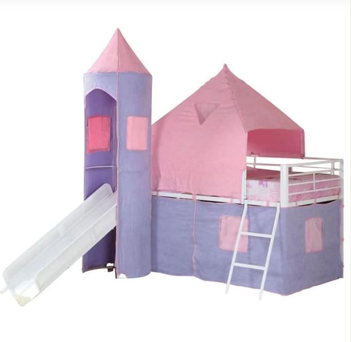 Princess Castle Twin Tent Loft Bed With Slide in Pink and Perwinkle