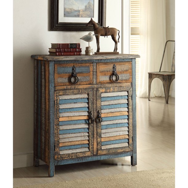 Calypso Distressed Look Rustic Coastal Accent Chest Cabinet 2-Door Blue/Brown