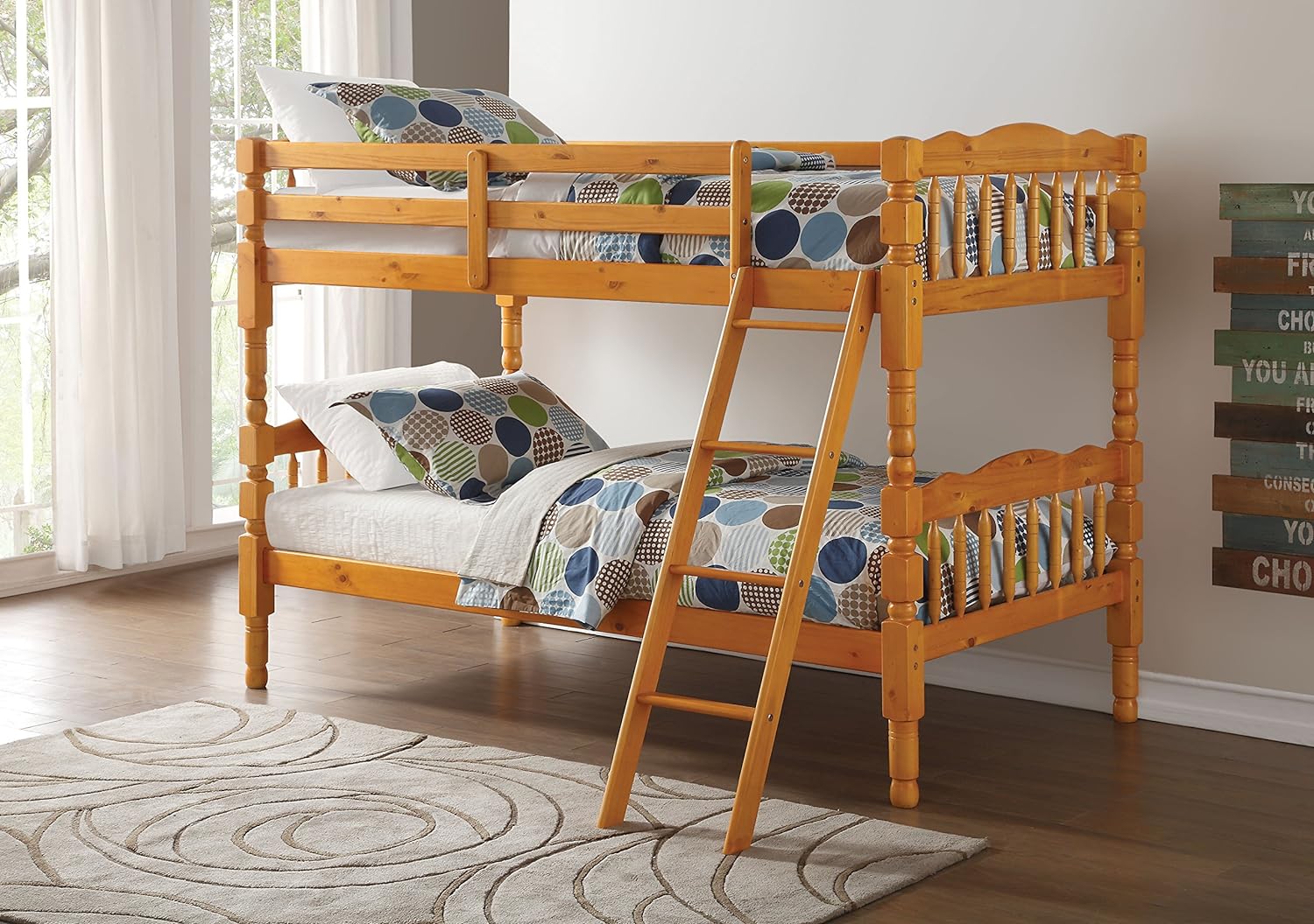 Traditional Spindle Design Twin Over Twin Bunk Bed in Natural Finish