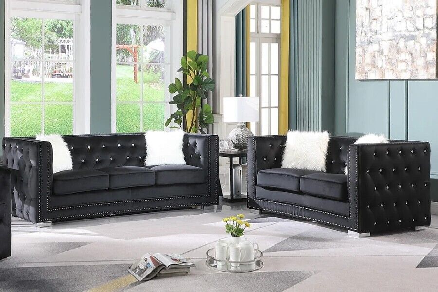 Sofia 2PC Modern Velvet Living Room Sofa Loveseat Set In Black