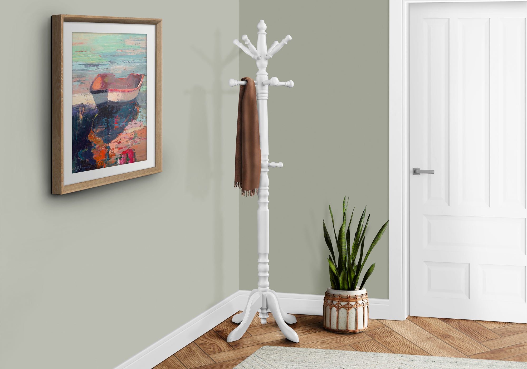 73" H Traditional Turned Post Solid Wood Coat Rack In Antique White Finish