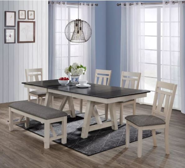Moderna 6 Pc Rustic 66"-94" Dining Room Table Chairs and Bench Set In Chalk Gray