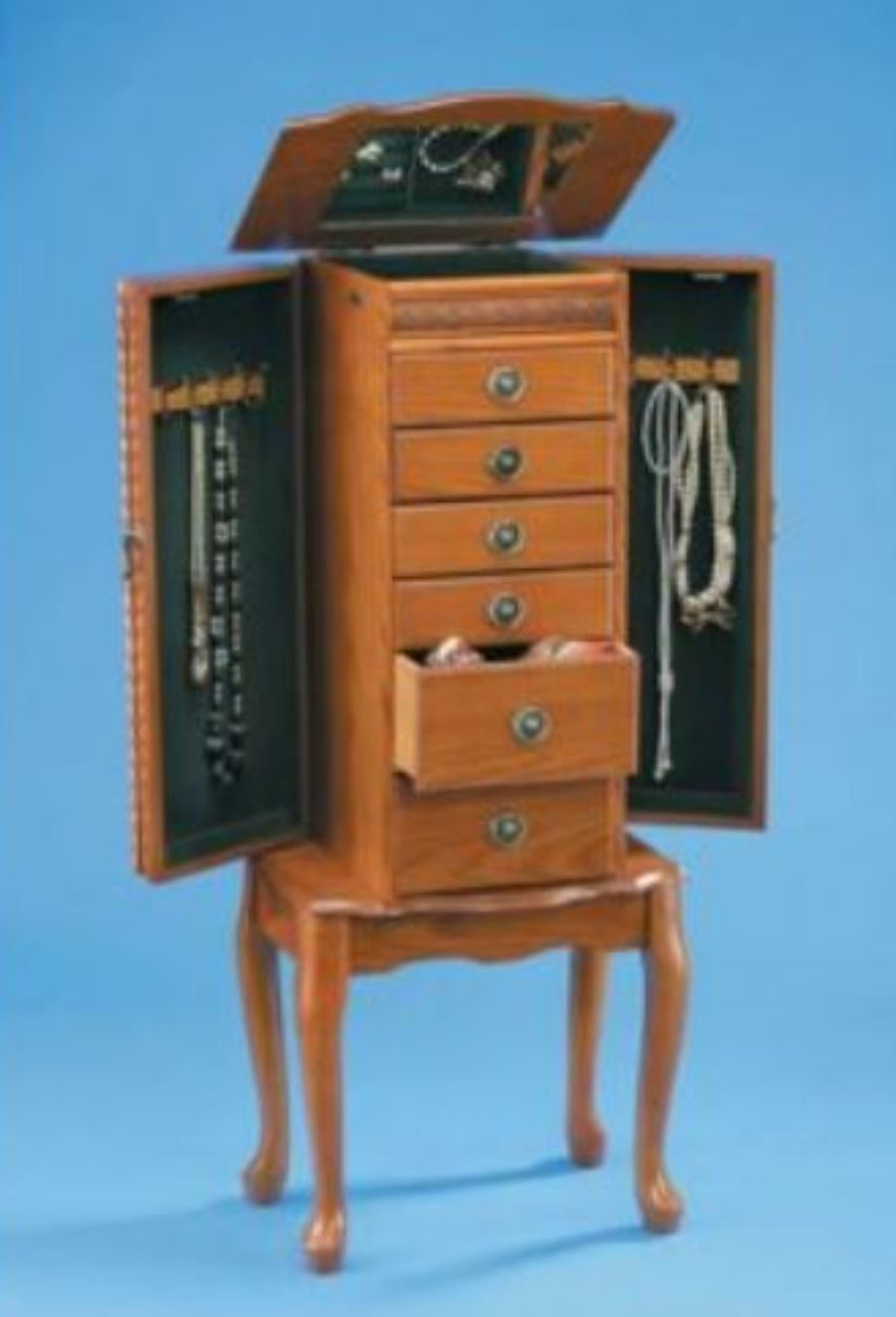 Honey Oak Finish Jewelry Armoire With Swing-out Sides