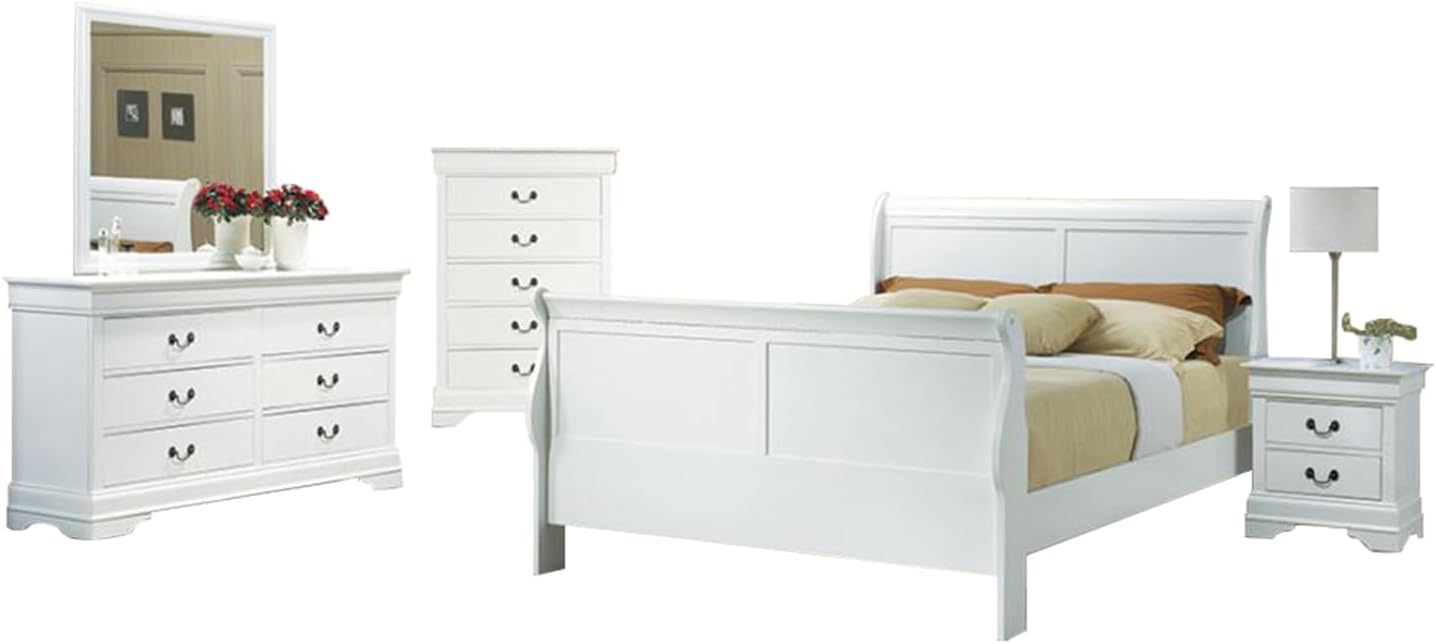 Louis Philippe 5-Piece Wood Full Sleigh Bedroom Set in White