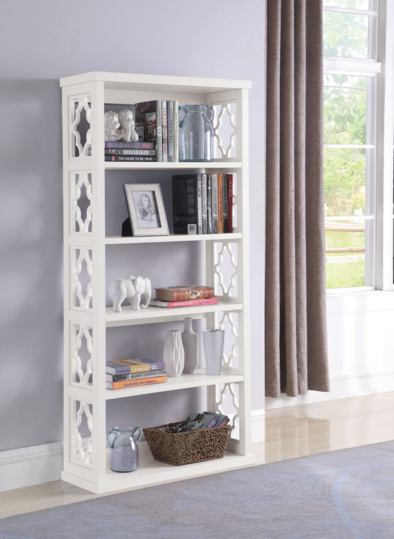 Trellis Pattern Side Panels 4 Tier Bookcase Book Shelf In White