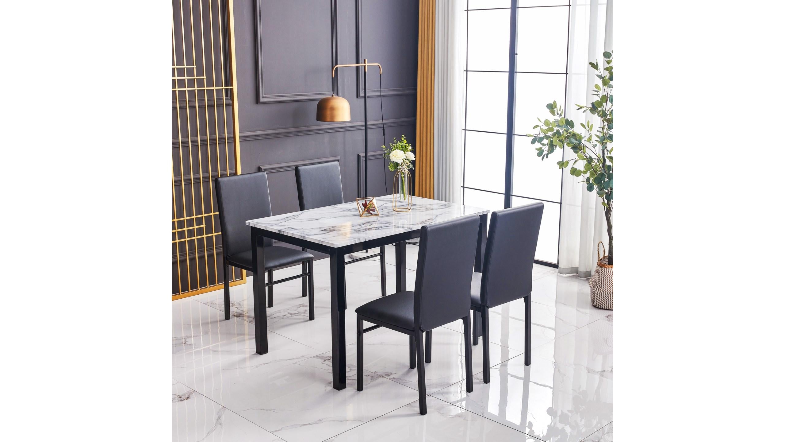 5 Pc Eiden Marble Like Dining Table and Chairs Set in Black And White