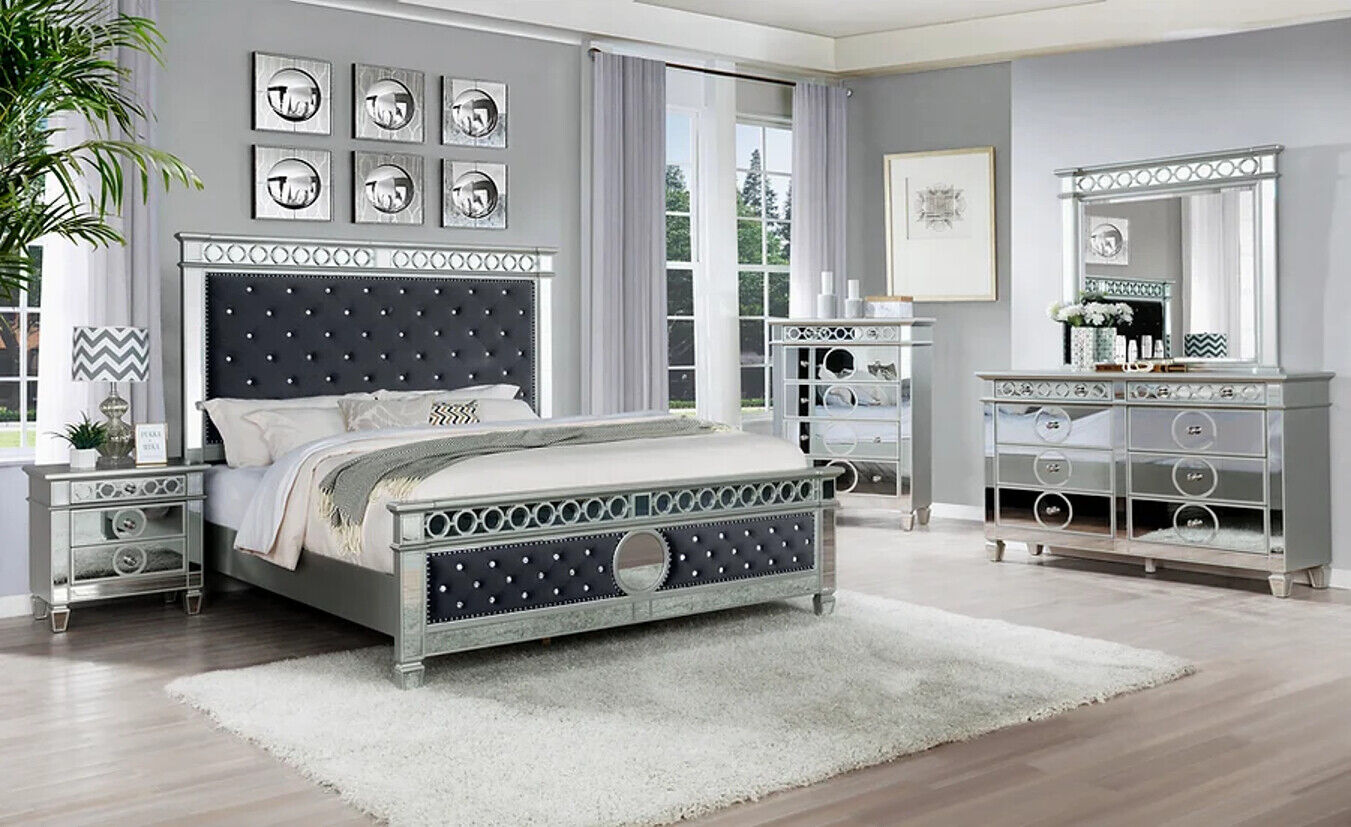 Bella 5 Piece Queen Mirrored Bedroom Set In Grey Velvet