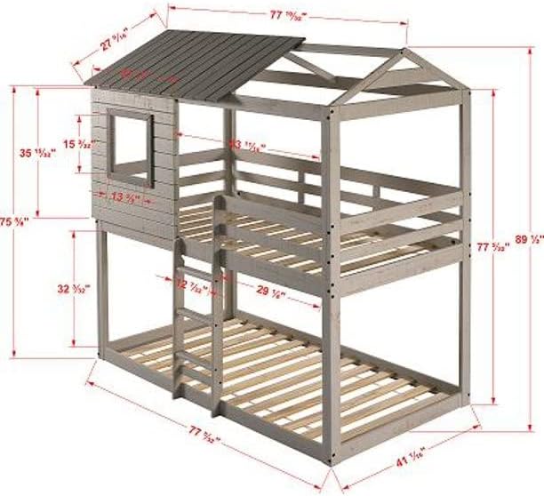 Bella Vista Grey Solid Pine Wood Junior Twin Over Twin Standard Loft Bunk Bed