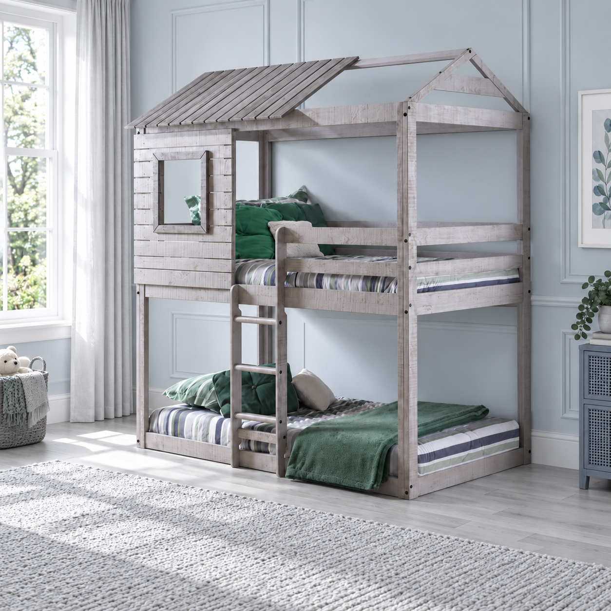 Bella Vista Grey Solid Pine Wood Junior Twin Over Twin Standard Loft Bunk Bed