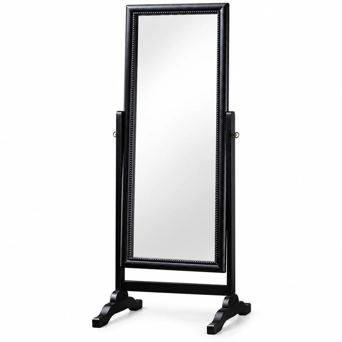 Traditional cheval floor mirror in black, angled view